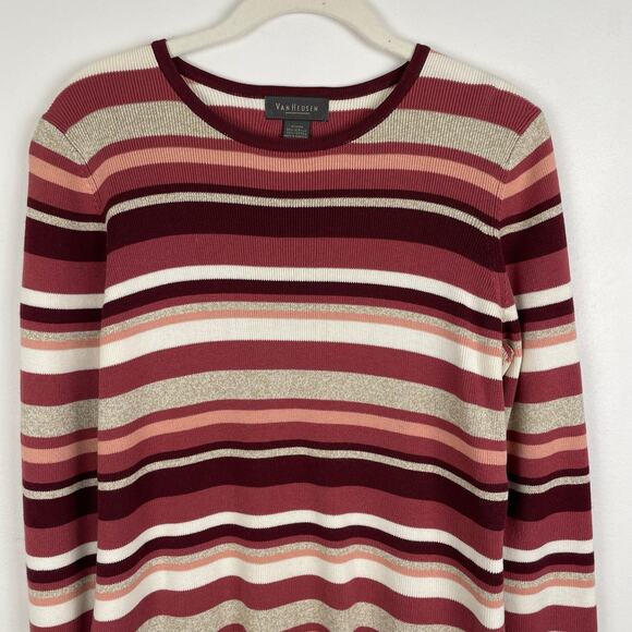 y2k Vintage Van Heusen Striped Sweater Long Sleeve Knit Top Pink Tan Cotton - Picture 7 of 12